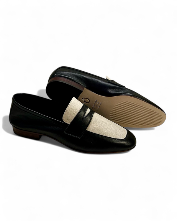 Penny Loafer Wave Bicolor Couro Preto e Linho