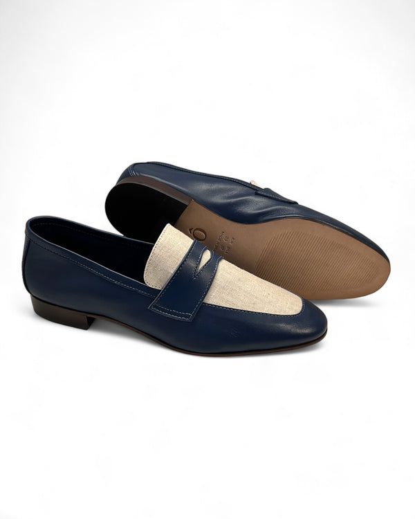 Pré-Venda | Penny Loafer Wave Bicolor Couro Azul Marinho e Linho